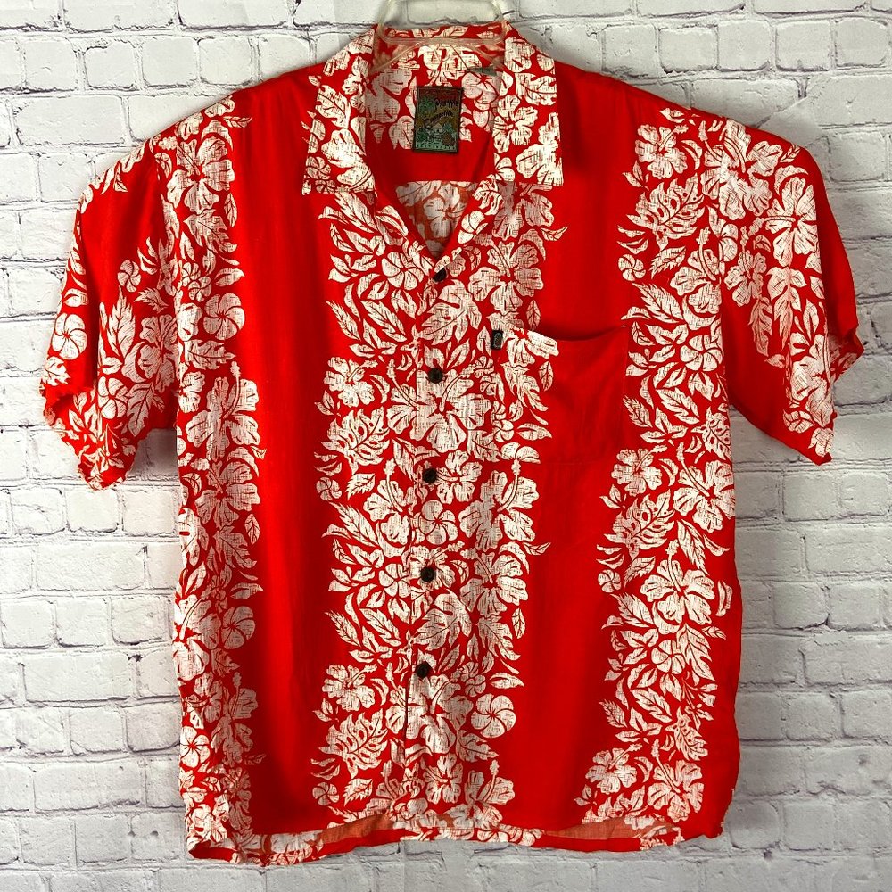 Pineapple Connection Men's Hawaiian Orange/White Button Down Shirt. Sz: Large